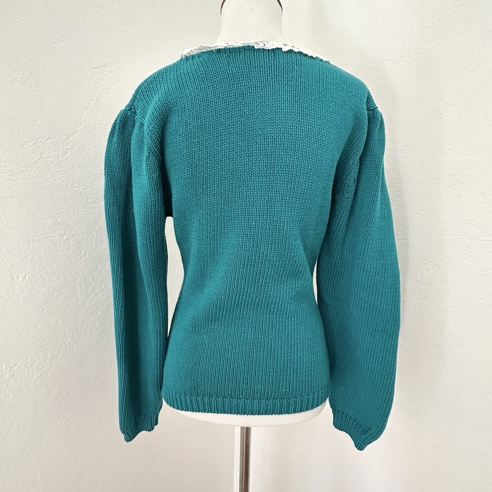 Vtg Cambridge Spirit Sweater Womens Medium Green Grannycore Cottagecore Lace - Picture 2 of 12